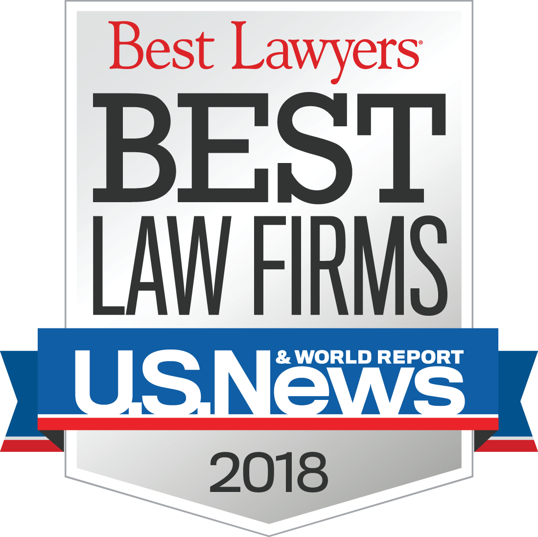 Award badge showcasing "Best Lawyers" and "Best Law Firms" in Personal Injury by U.S. News & World Report, 2018.