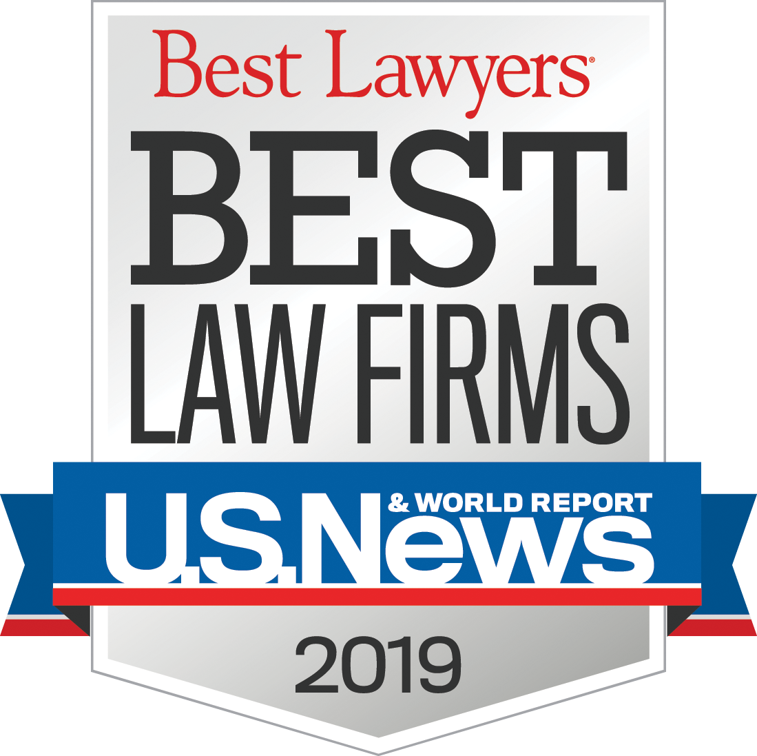 A badge proudly displaying "Best Lawyers, Best Law Firms" for 2019 by U.S. News & World Report, highlighting excellence in Personal Injury law.