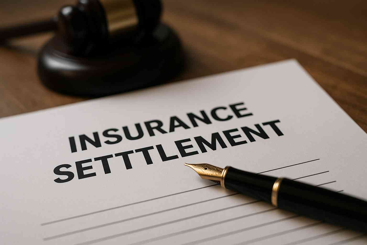 A document titled "Insurance Settlement" sits on a desk with a fountain pen placed on it, highlighting the importance of settlement negotiation, while a judge's gavel is visible in the background.
